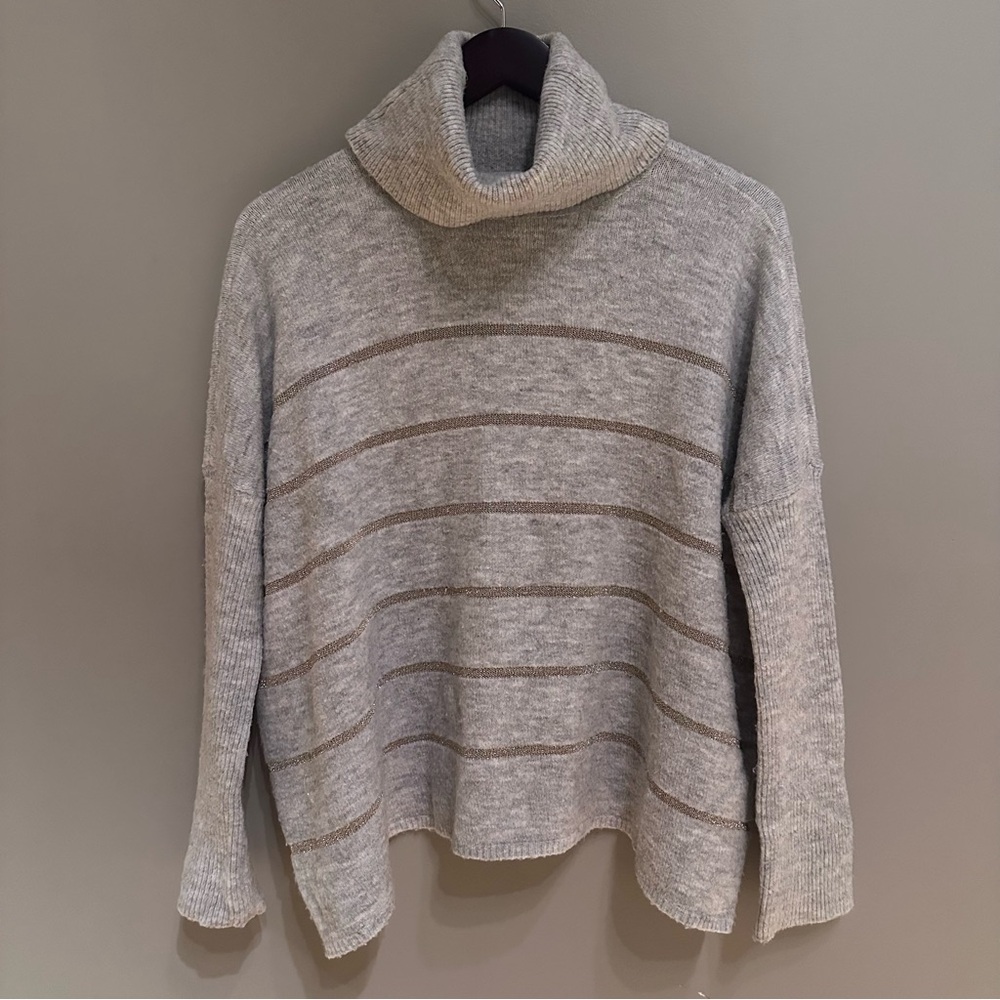 Cupcakes & Cashmere Gray and Gold Oversized Turtleneck Sweater